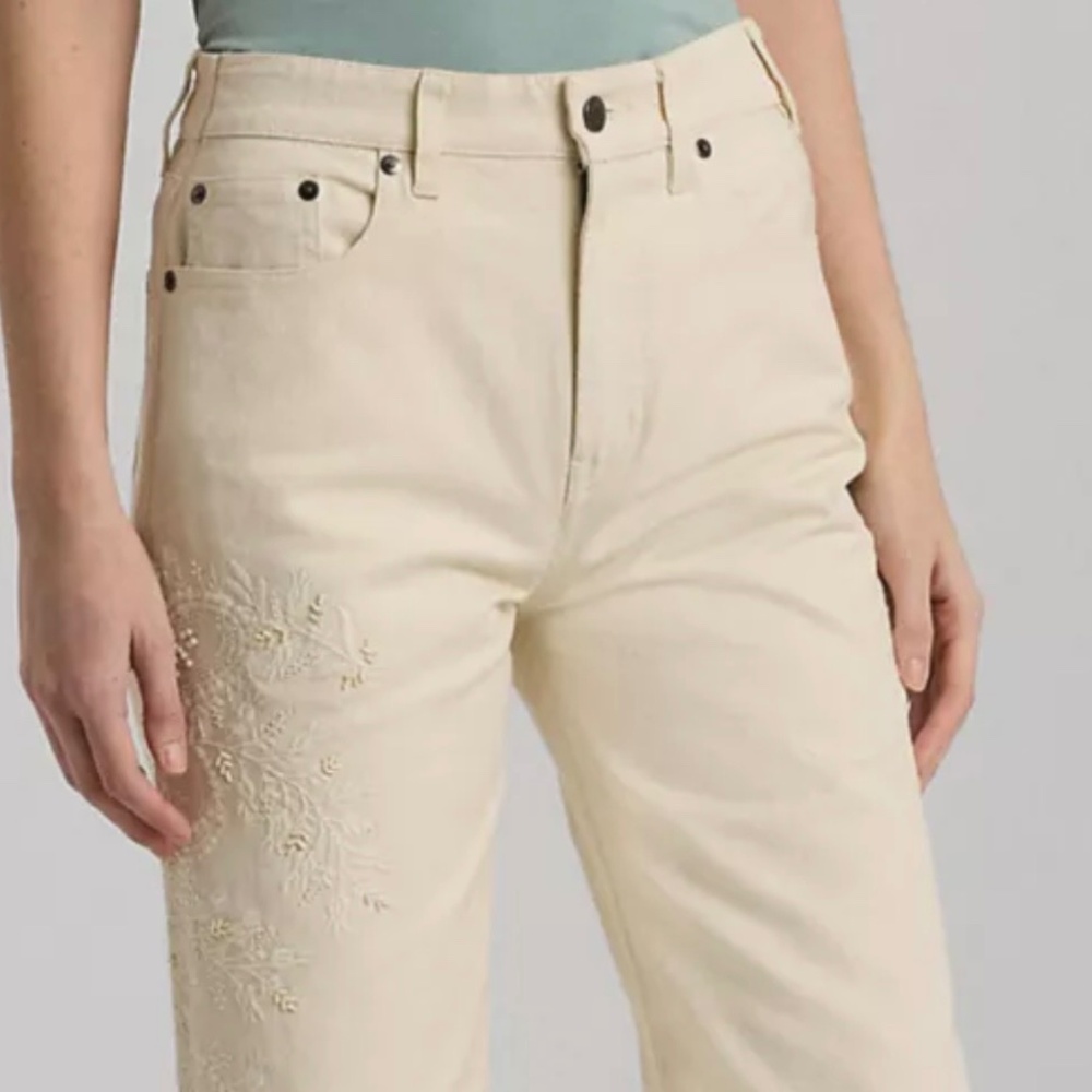 Ralph Lauren Women's Cream Cropped Embroidered Jeans Size 10